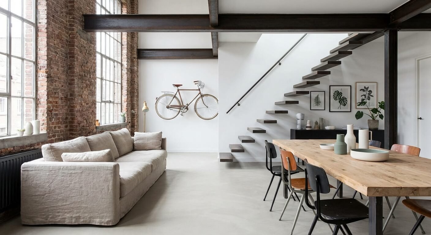 Intérieur d'un loft moderne alliant design industriel et confort