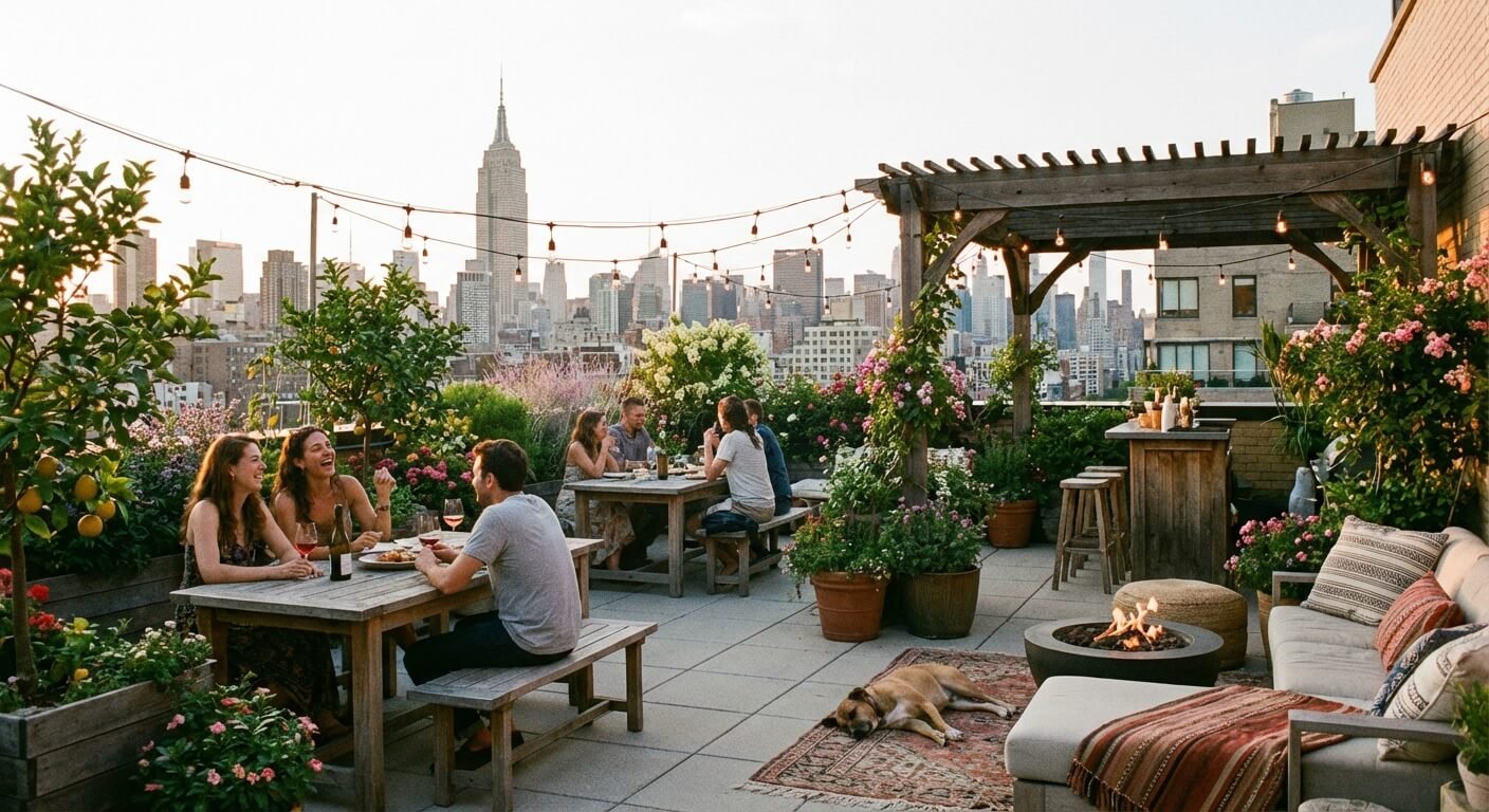 Aménagement d'un jardin sur toit avec vue sur la skyline